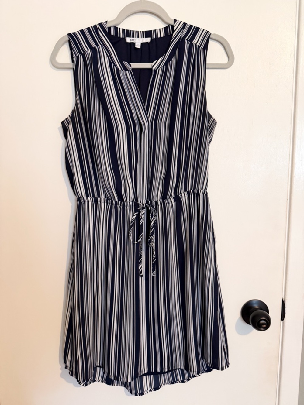 DR2 Navy and White Striped Sleeveless Midi Dress